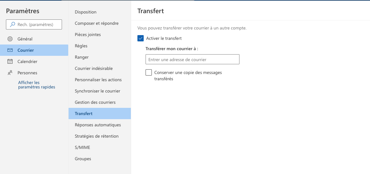 Outlook fenetre transfert